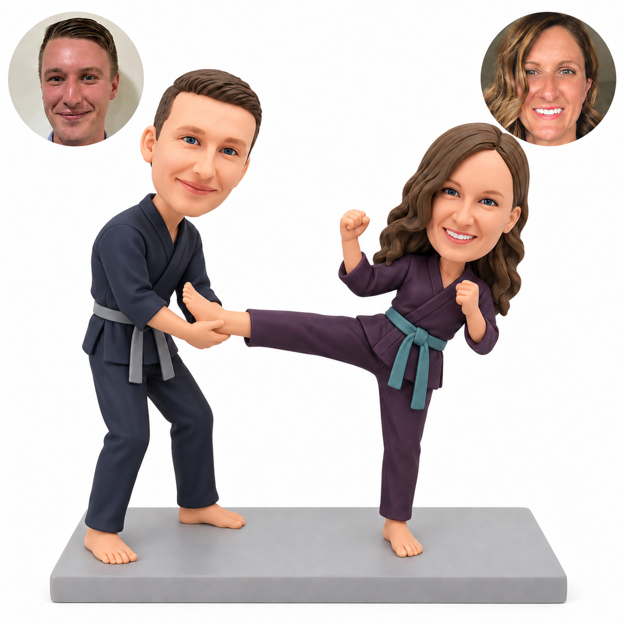 custom bobblehead figures martial arts couple practicing a supported high side kick