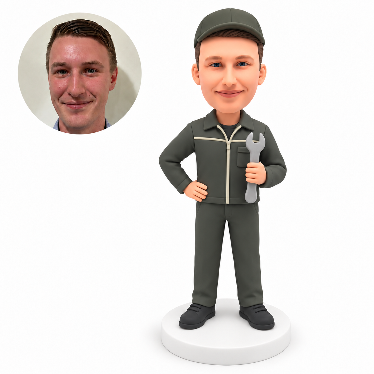 custom bobblehead figure male mechanic holding an upright wrench with his other hand on his hip