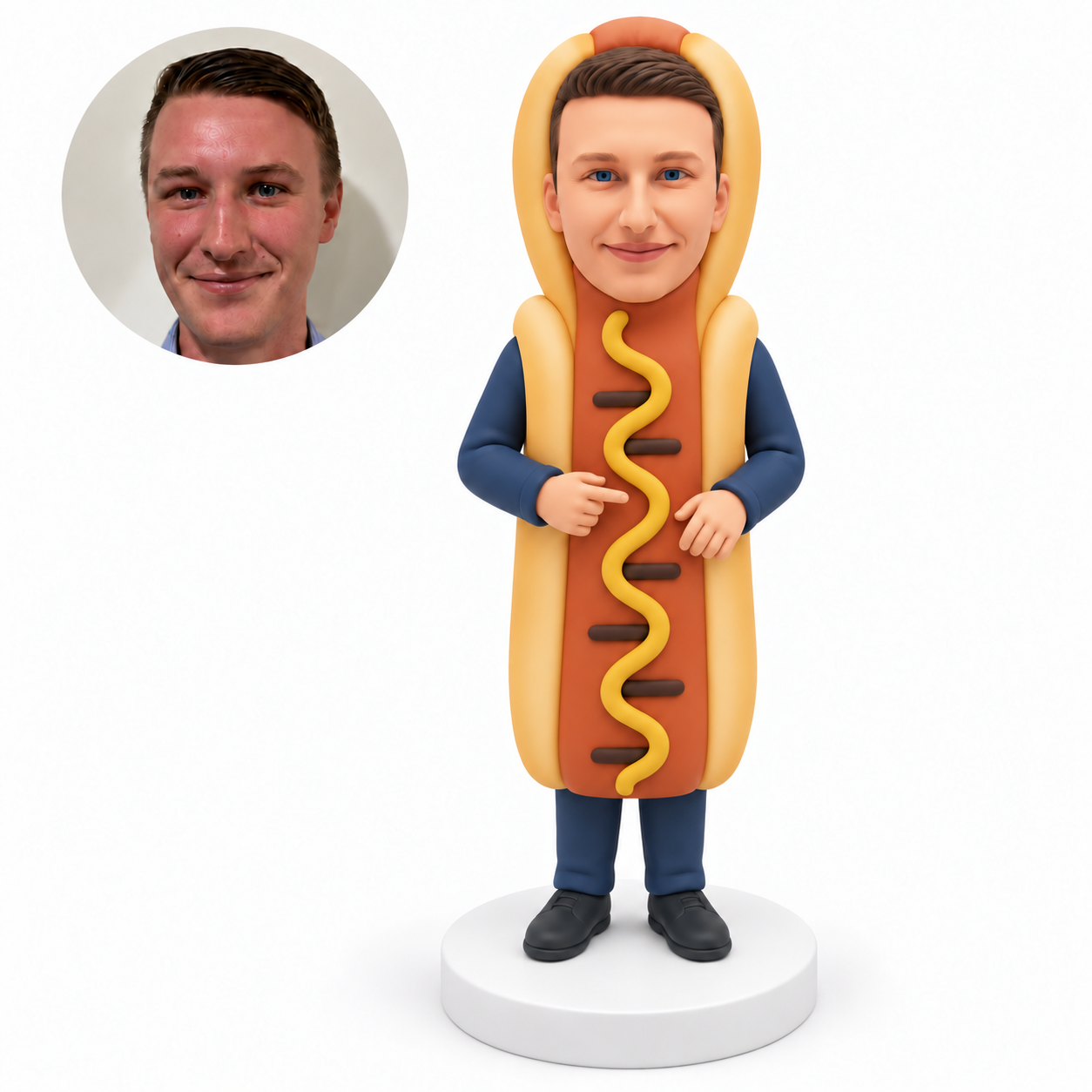 custom bobblehead figure male in a hot dog costume with both arms bent in front