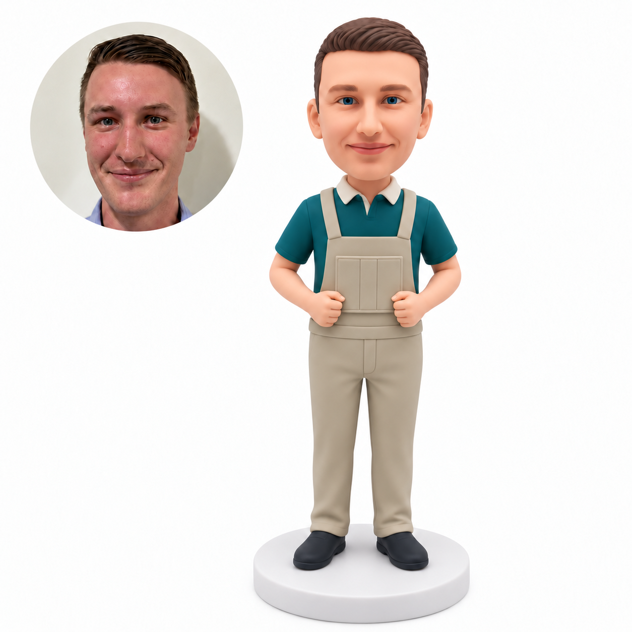 custom bobblehead figure male in bib overalls with both fists at the front pocket