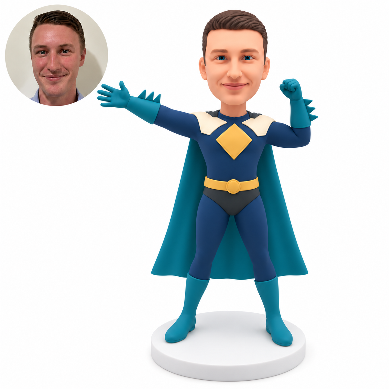 custom bobblehead figure male superhero with one arm extended sideways and the other fist raised