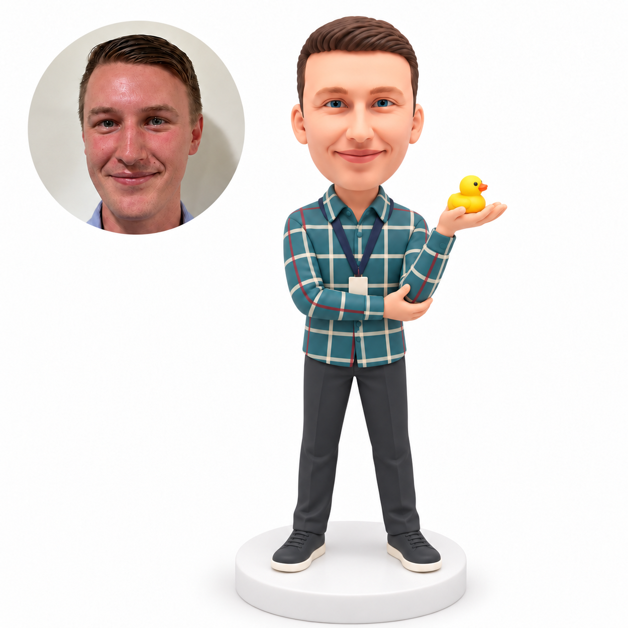 custom bobblehead figure male holding a rubber duck on one raised palm with his other arm supporting the elbow