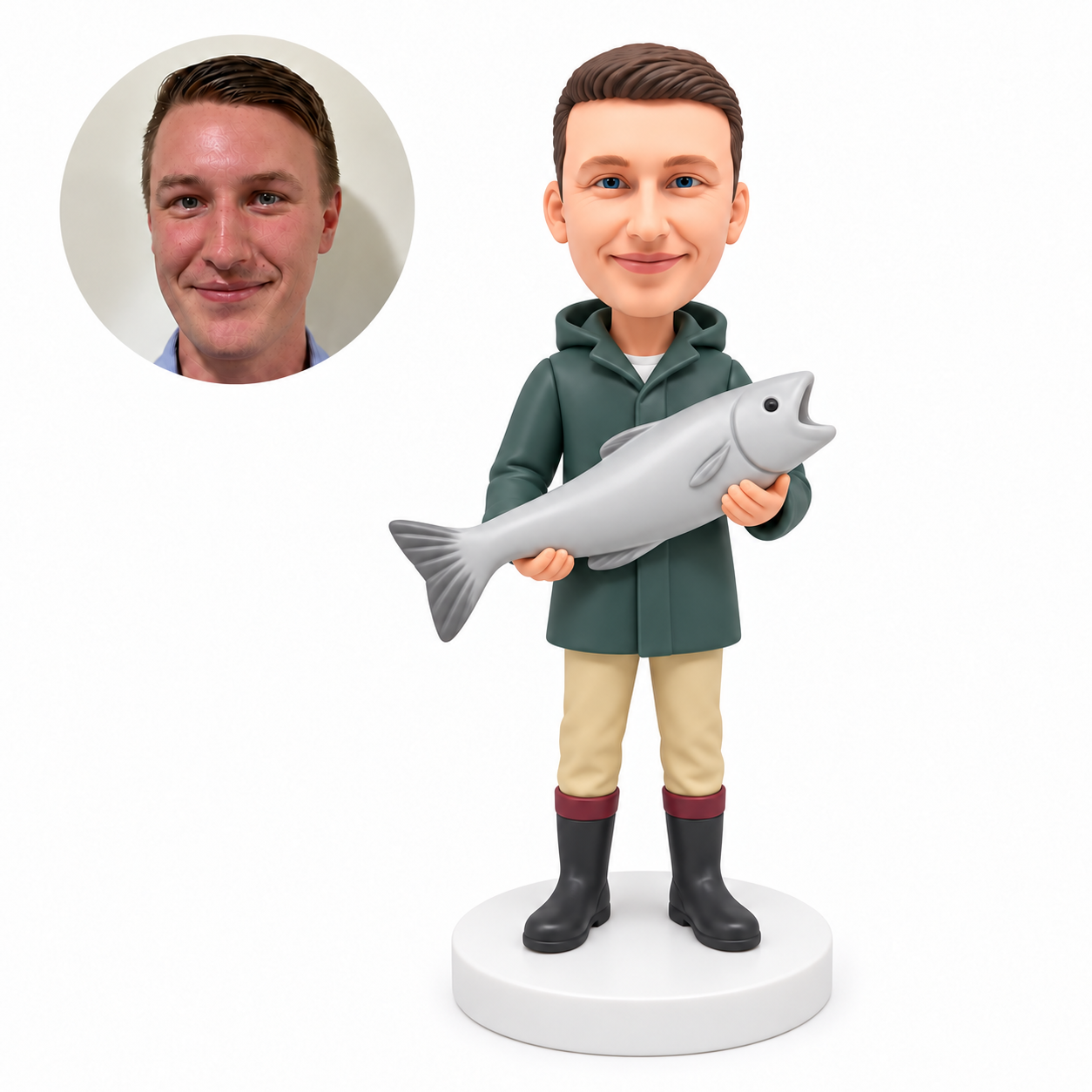 custom bobblehead figure male fisherman in a raincoat holding a large fish with both hands