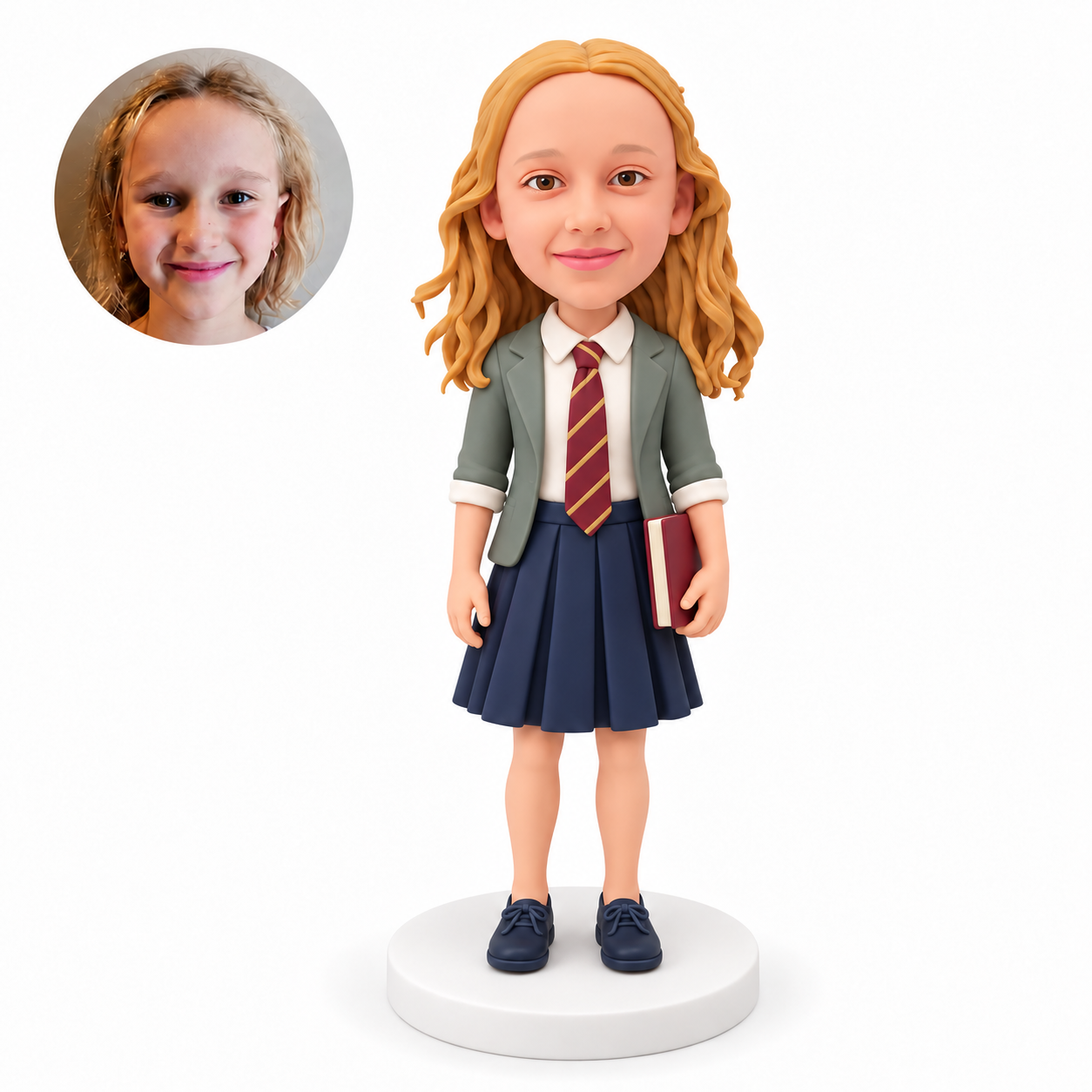 custom bobblehead figure schoolgirl in a blazer and pleated skirt holding a book at her side
