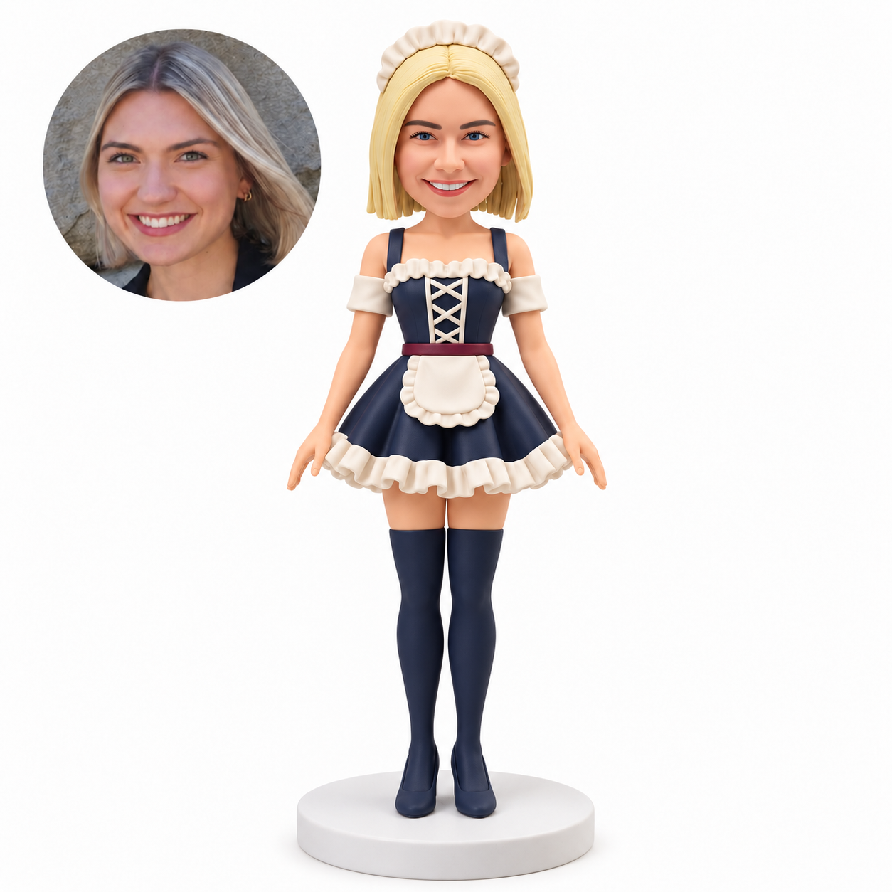 custom bobblehead figure woman in a maid dress and apron with both arms lowered