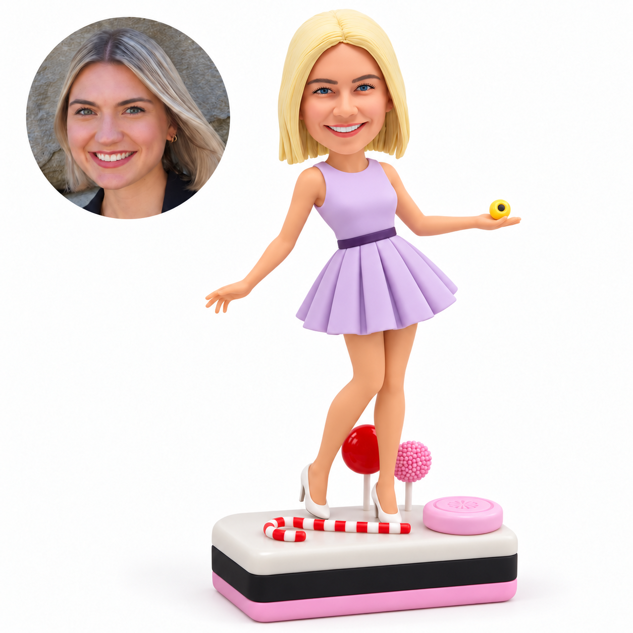 custom bobblehead figure woman holding a candy on a sweets display base