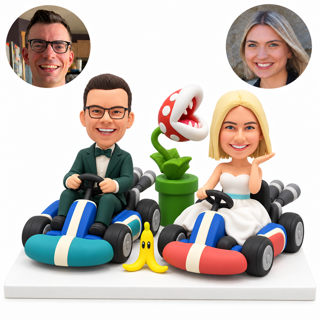 custom bobblehead figures couple racing go-karts beside a cartoon plant
