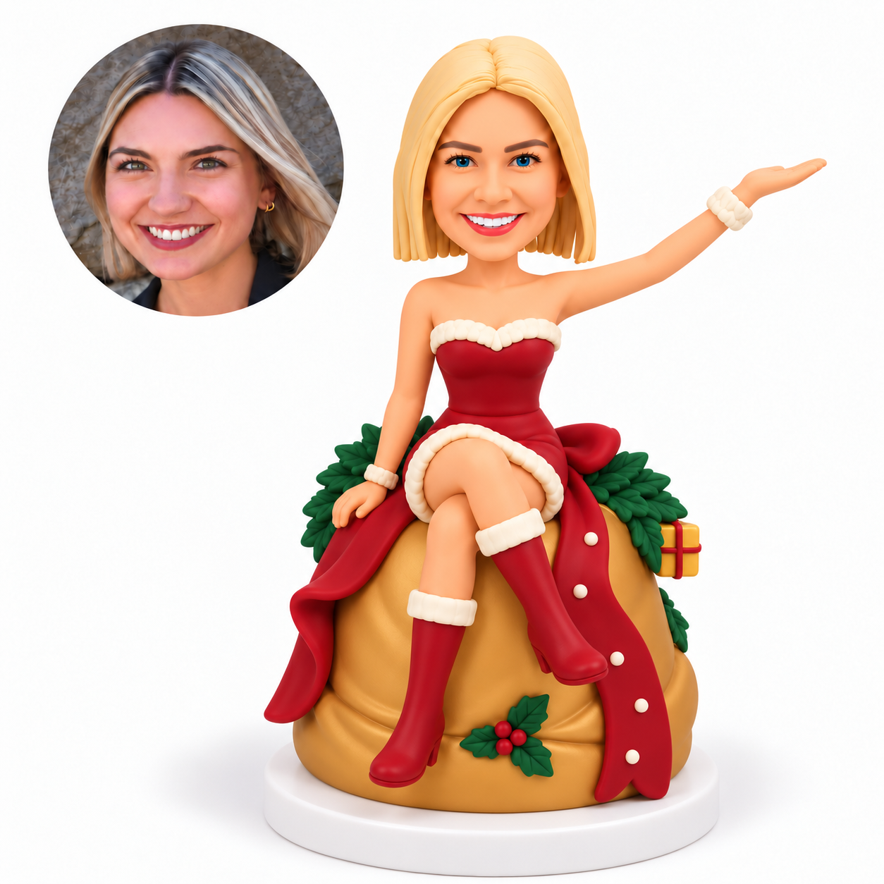 custom bobblehead figure woman in a Santa dress seated on a gift sack with one palm raised