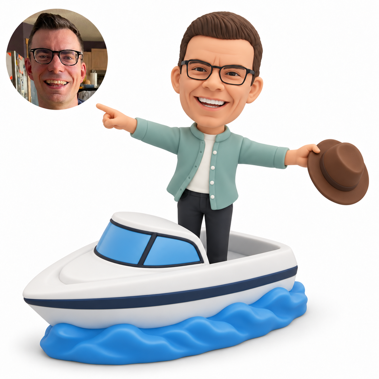 custom bobblehead figure man standing in a motorboat with arms spread and a hat in one hand