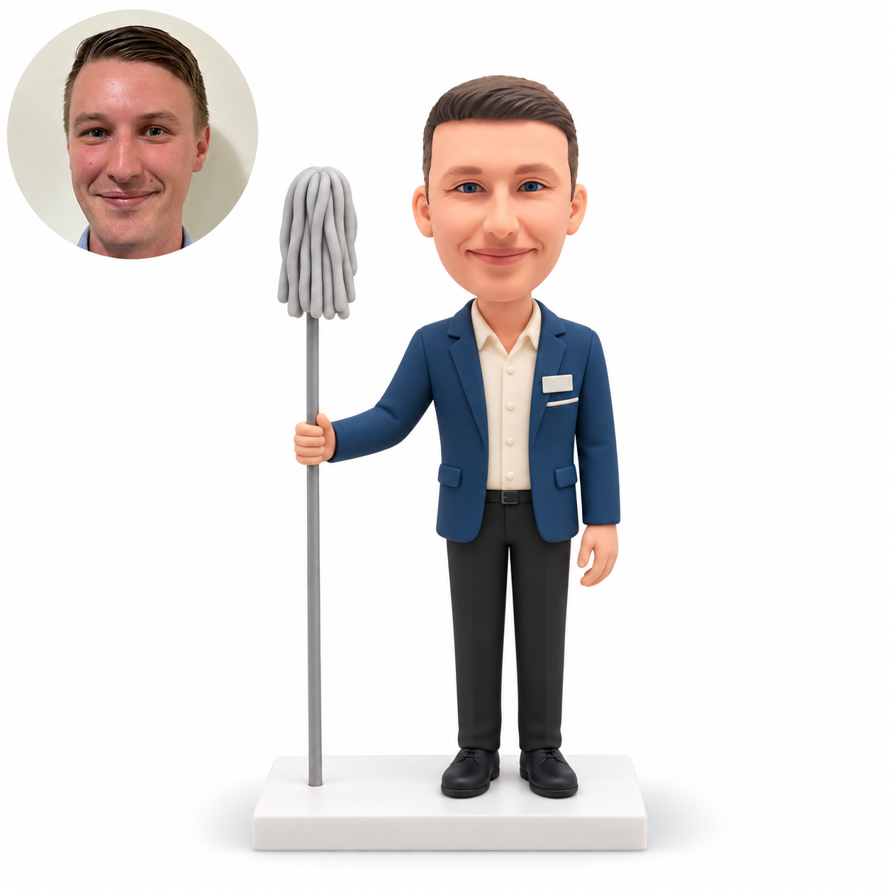 custom bobblehead figure male cleaner in a blazer holding a raised mop