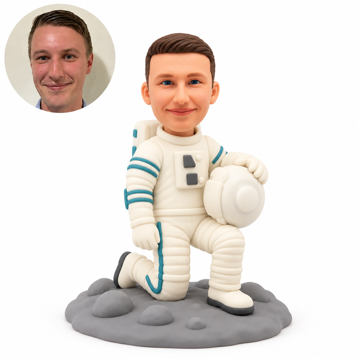 custom bobblehead figure male astronaut kneeling with a helmet held at his left side
