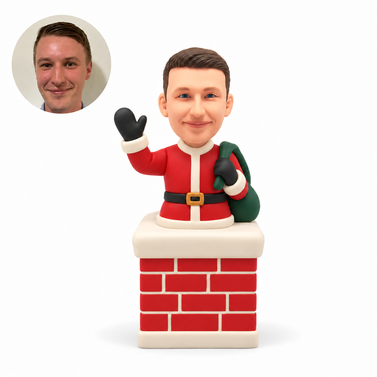 custom bobblehead figure male Santa waving from inside a brick chimney with a shoulder sack