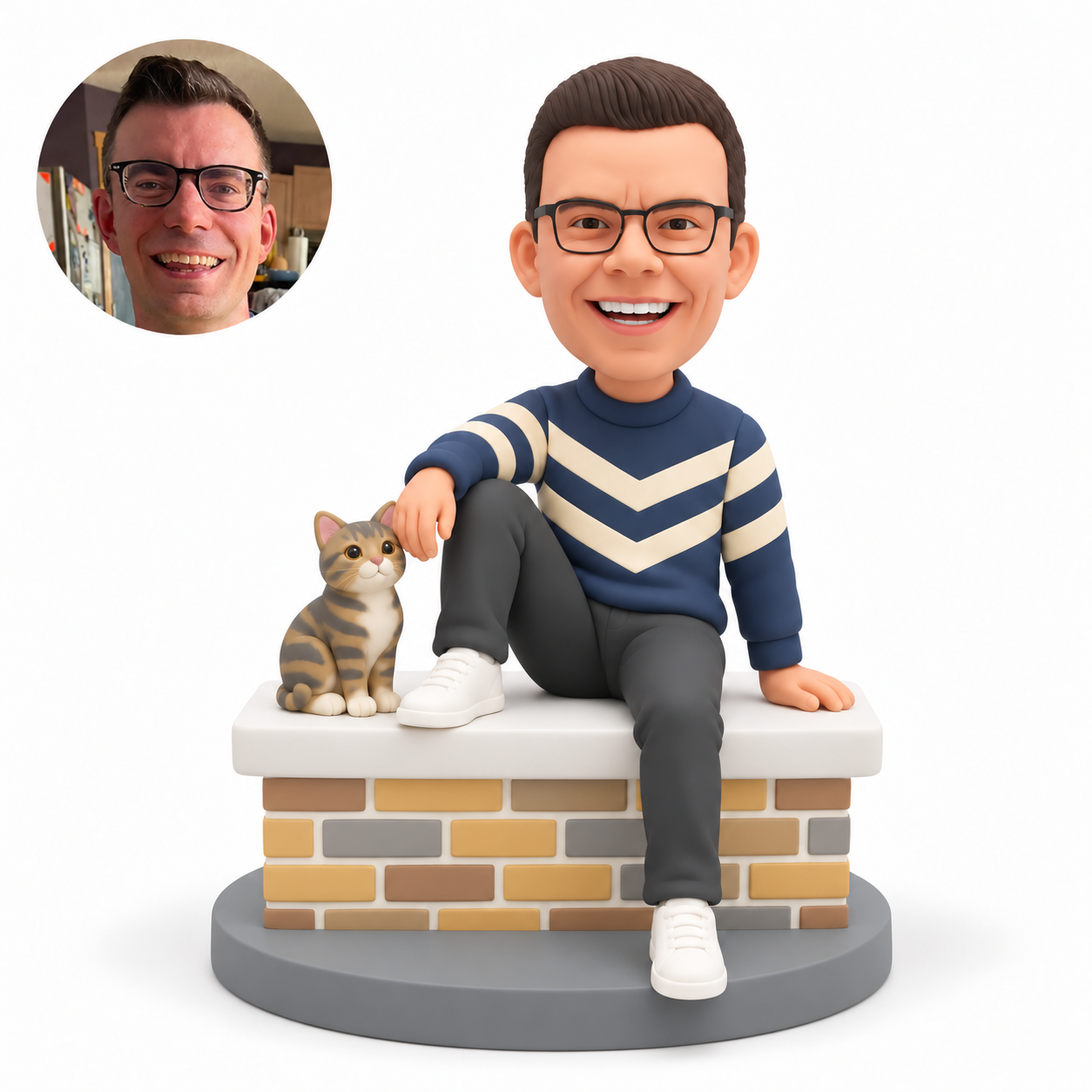custom bobblehead figure male seated on a brick bench with one knee raised beside a fixed cat