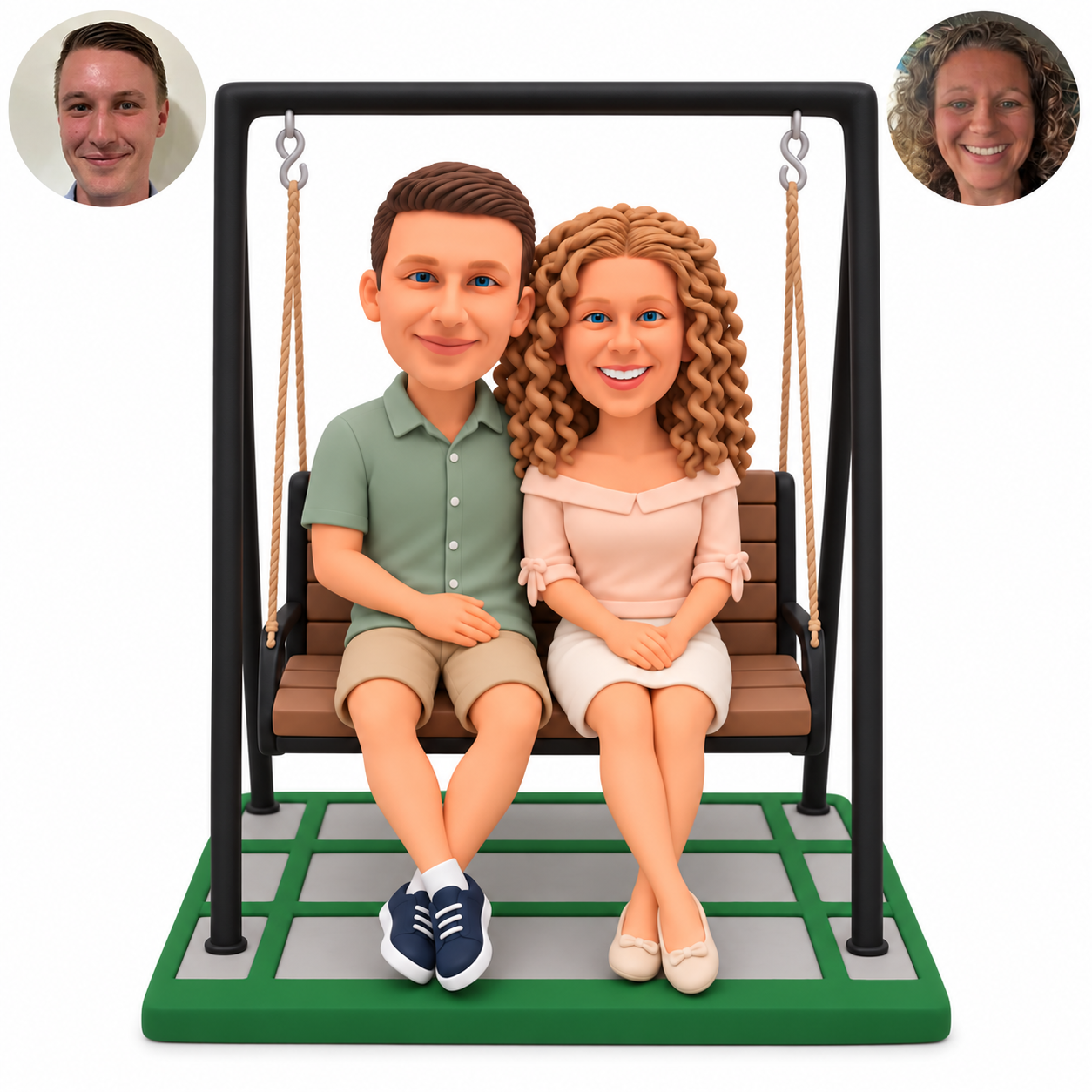 custom bobblehead figures couple seated on a hanging bench with crossed ankles