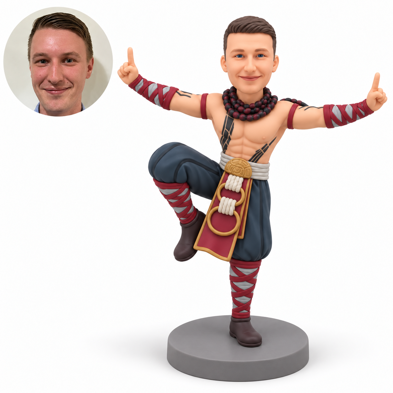 custom bobblehead figure male martial artist balancing on one leg with both index fingers raised