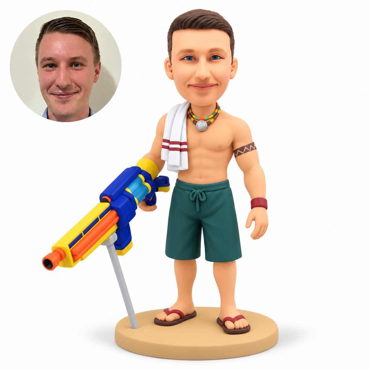custom bobblehead figure male beachgoer holding a large toy water blaster