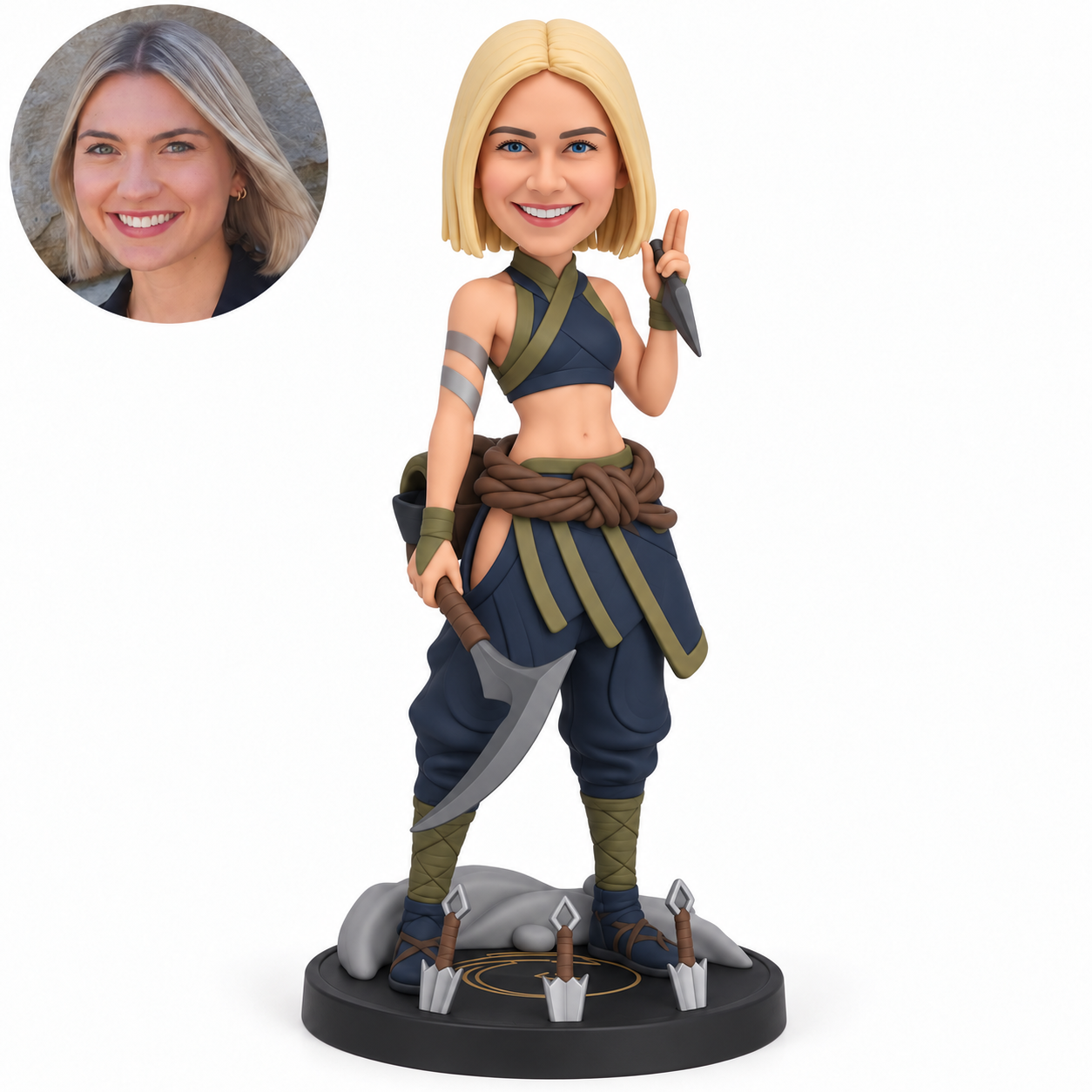 custom bobblehead figure female warrior with a curved blade and a small dagger beside her face