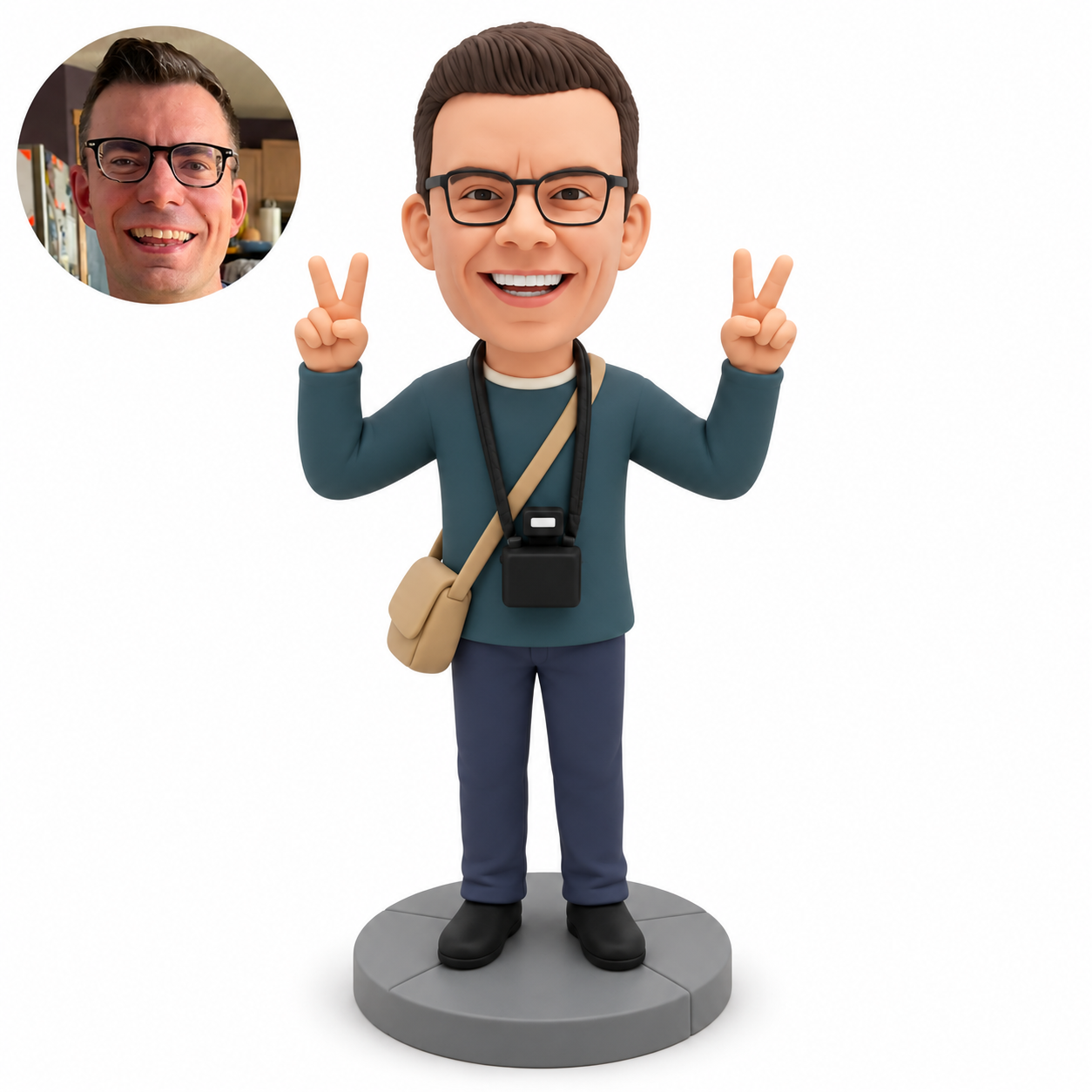 custom bobblehead figure male tourist making two peace signs with a camera on a neck strap