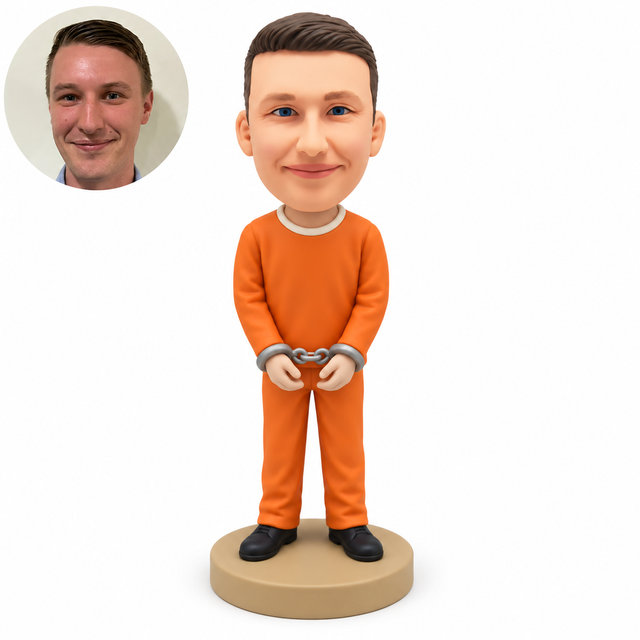 custom bobblehead figure man in prison clothing with handcuffed wrists held in front