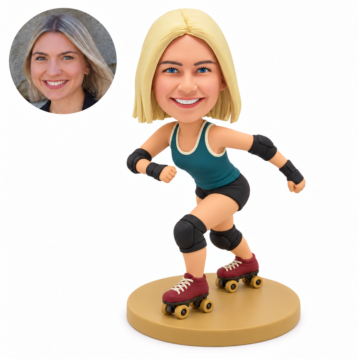 custom bobblehead figure female roller derby skater crouching in protective pads