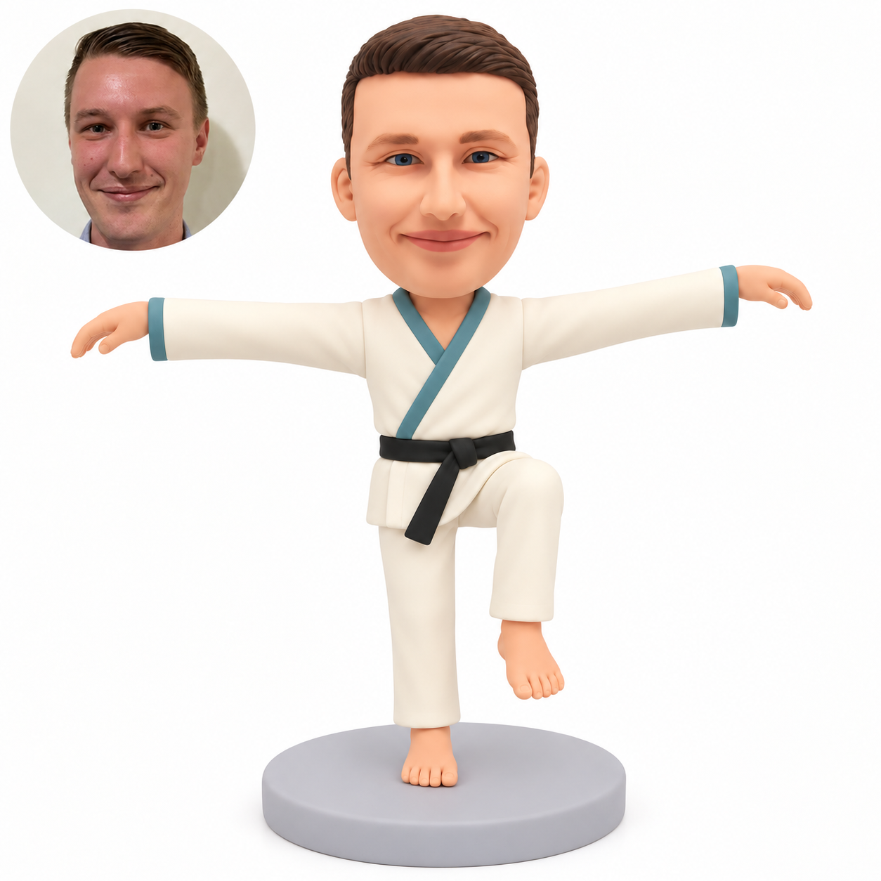 custom bobblehead figure male martial artist with outstretched arms and one knee raised