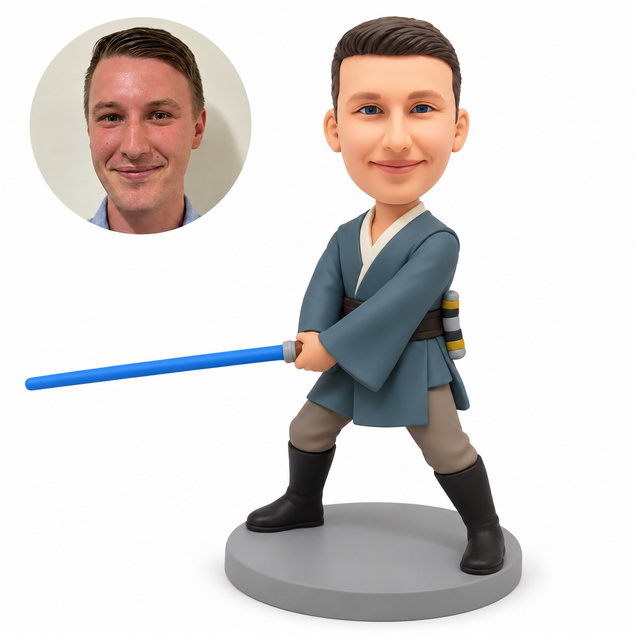 custom bobblehead figure male robe warrior holding a light sword low with both hands