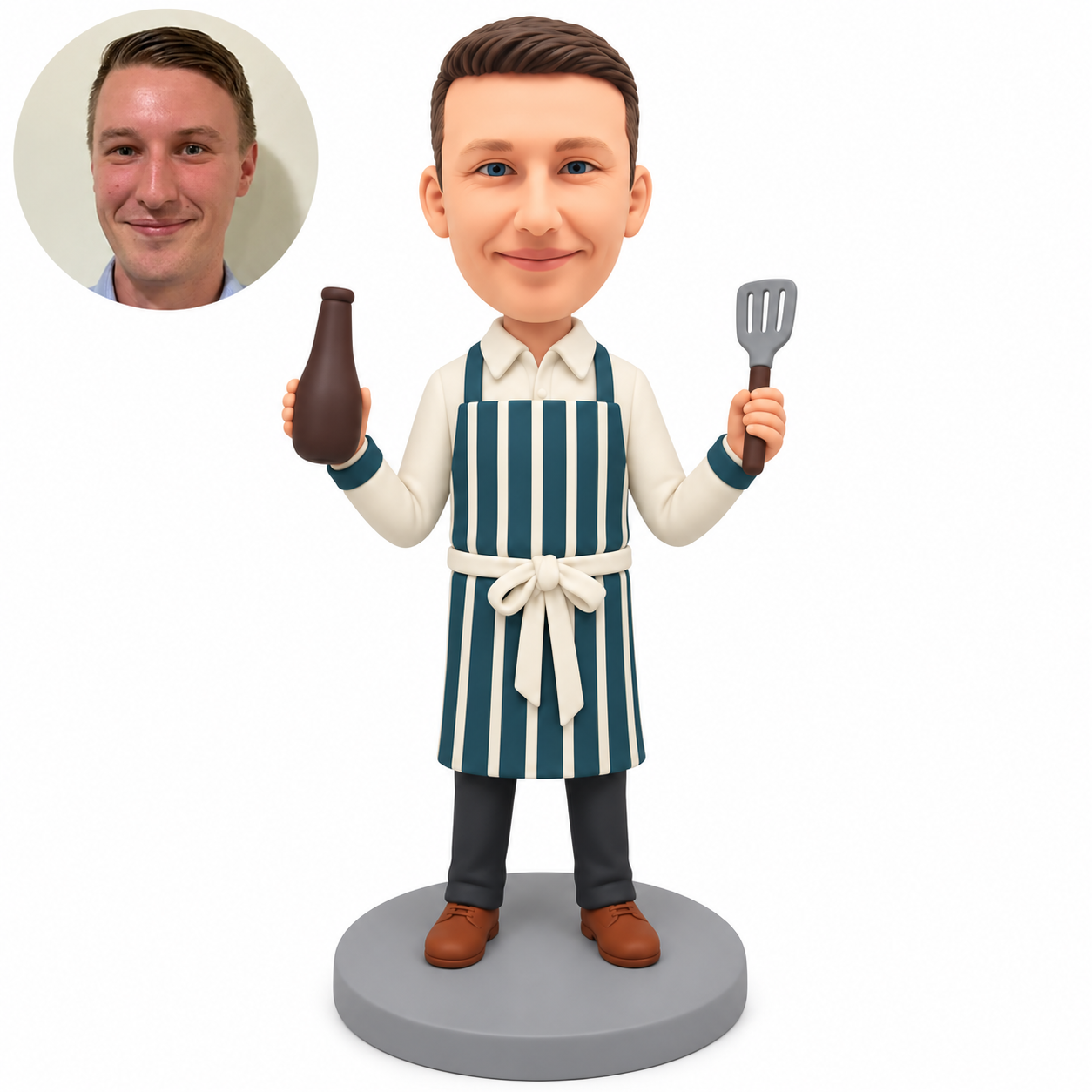 custom bobblehead figure male chef in an apron raising a bottle and a slotted spatula