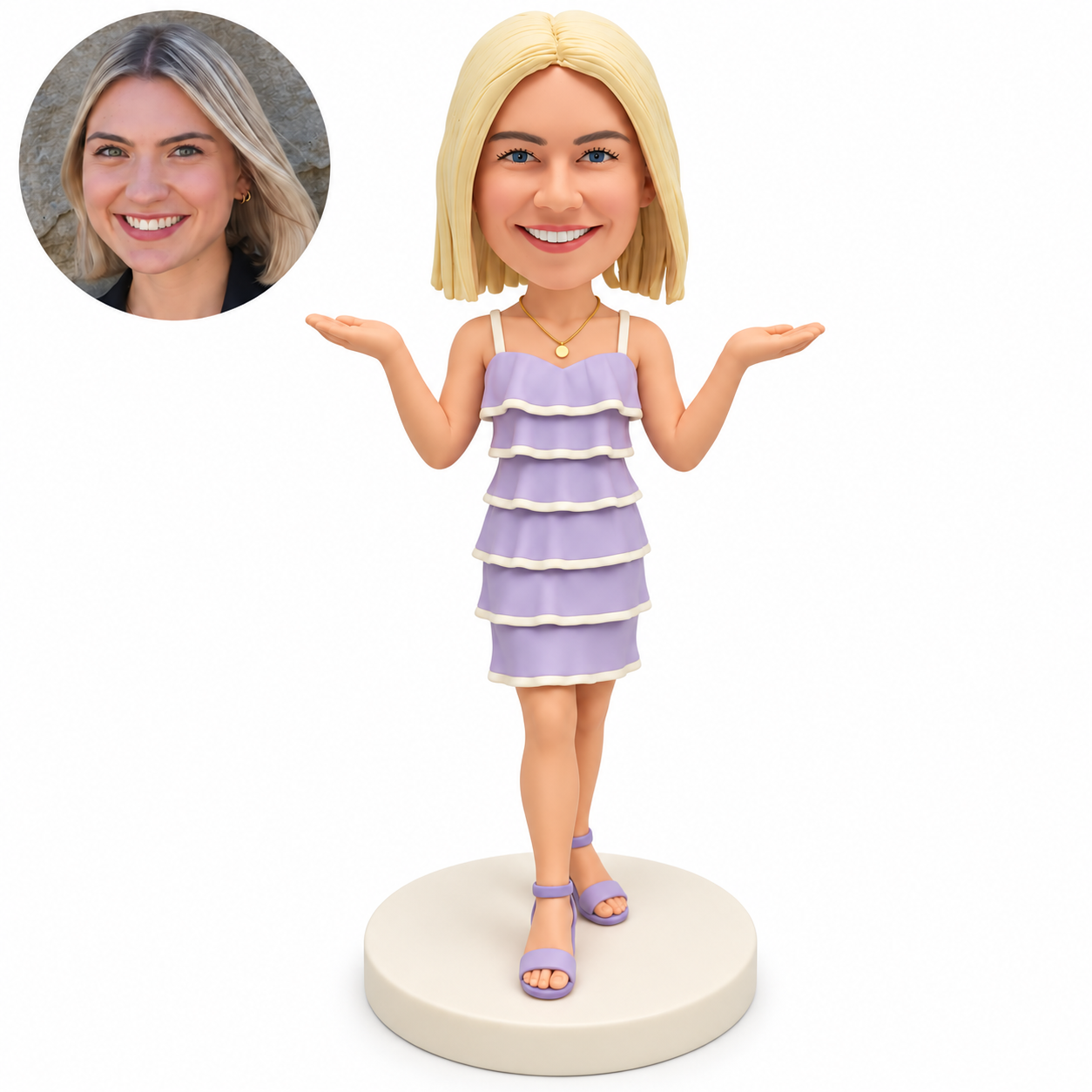 custom bobblehead figure woman in a ruffled dress with both palms raised beside her shoulders