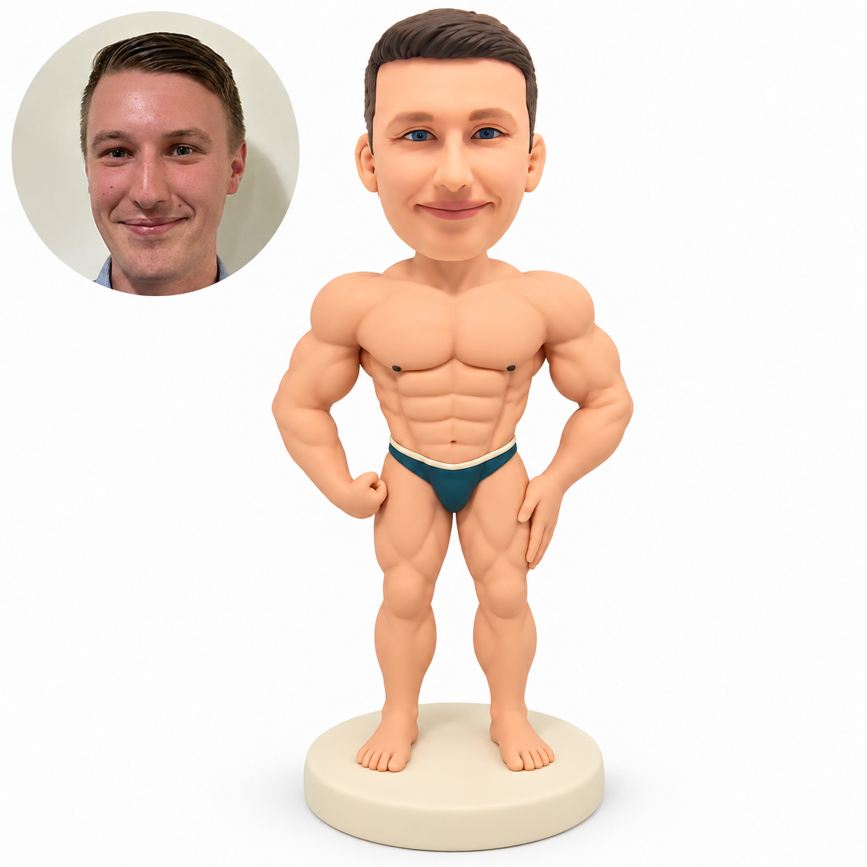 custom bobblehead figure male bodybuilder posing with one fist lowered and one hand on his thigh