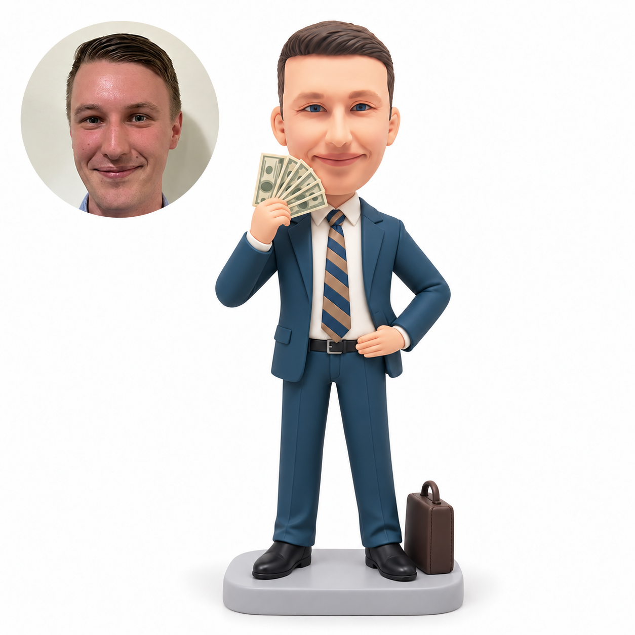 custom bobblehead figure businessman holding a fan of banknotes beside his face with a briefcase at his feet
