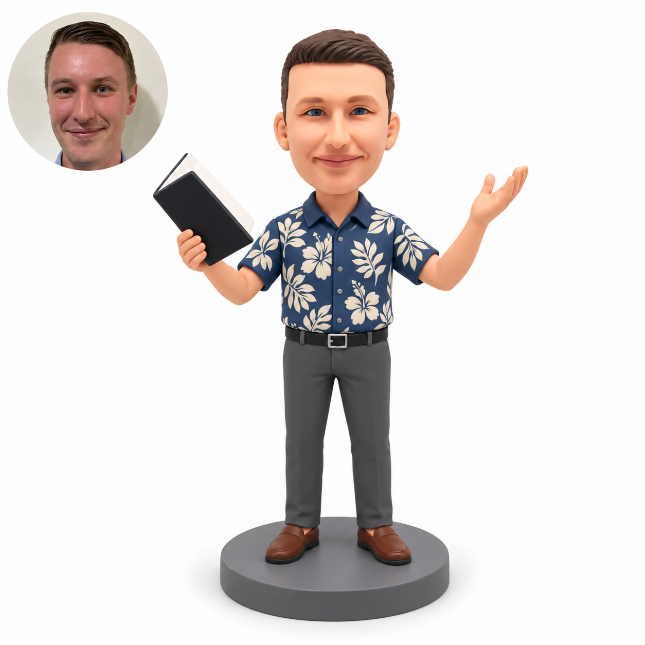 custom bobblehead figure male teacher holding a raised book in his right hand with his left palm open