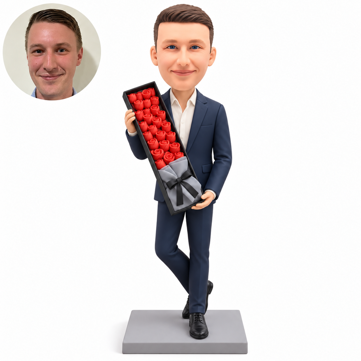 custom bobblehead figure man in a suit holding an open long rose box with crossed legs