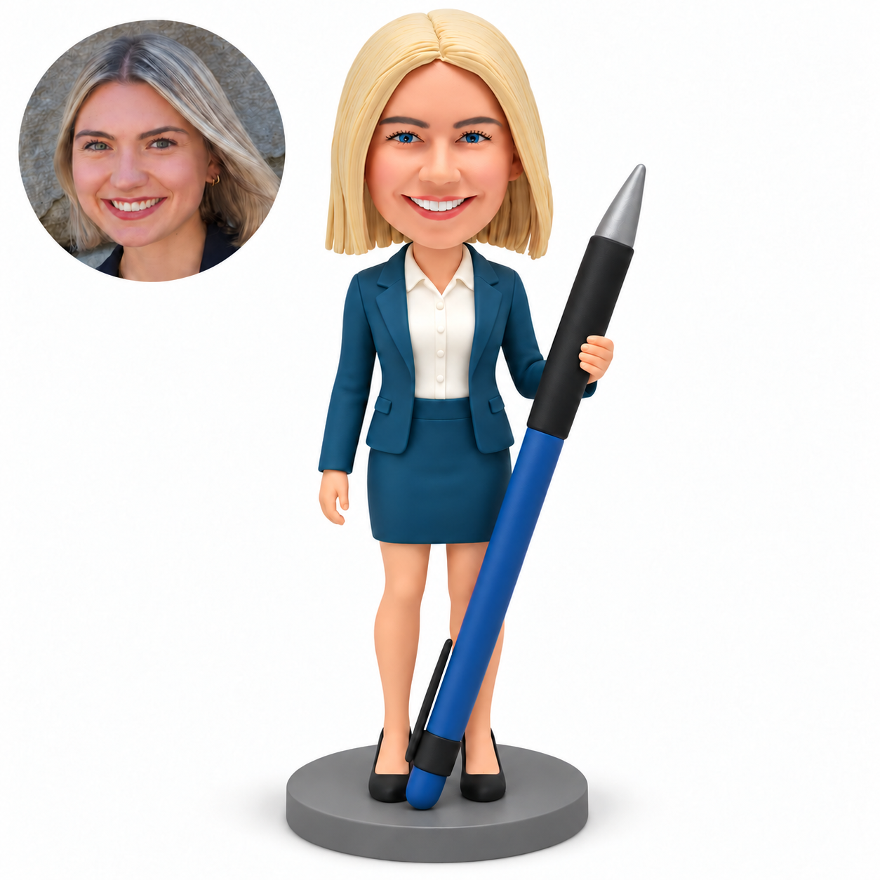 custom bobblehead figure businesswoman holding a diagonal giant pen in her left hand with her right arm lowered
