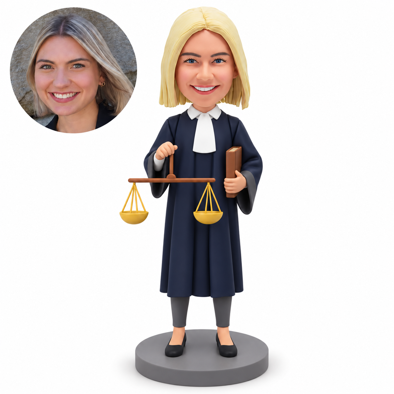 custom bobblehead figure female judge suspending scales in her right hand with a closed book under her left arm