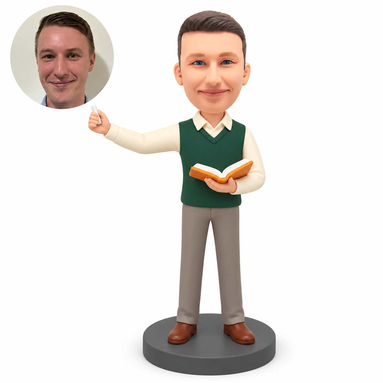 custom bobblehead figure male teacher extending his right arm with chalk and holding an open book in his left hand