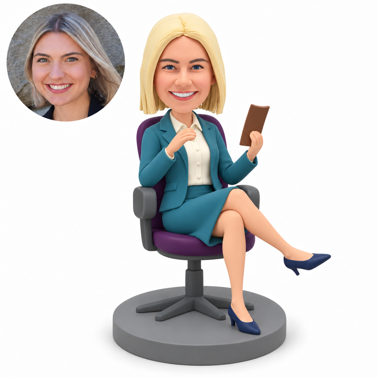 custom bobblehead figure businesswoman seated in an office chair holding a rectangular board with her left hand