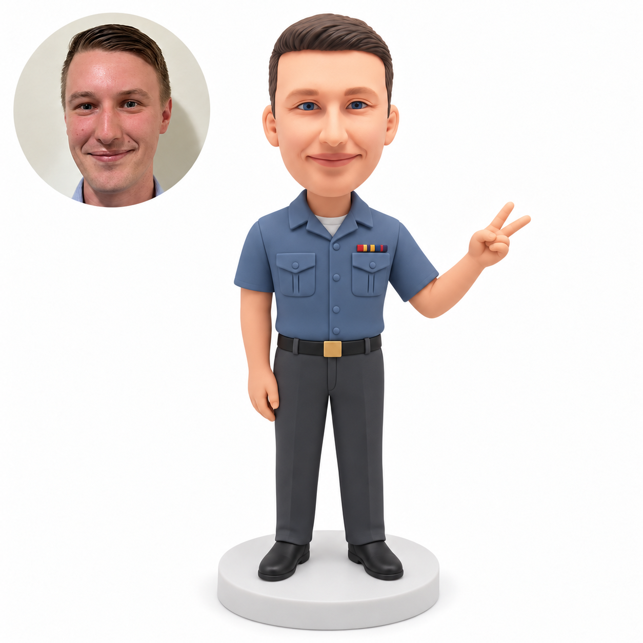 custom bobblehead figure male police officer making a left hand peace sign with his right arm down