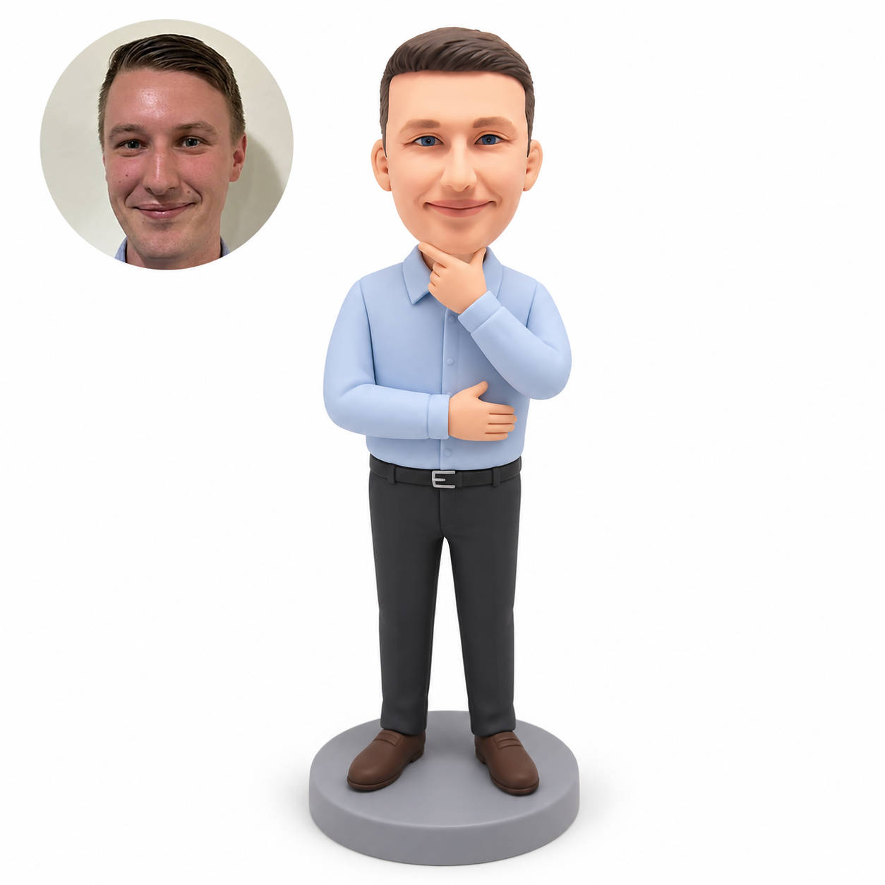 custom bobblehead figure businessman resting his left hand beneath his chin with his right palm across his abdomen
