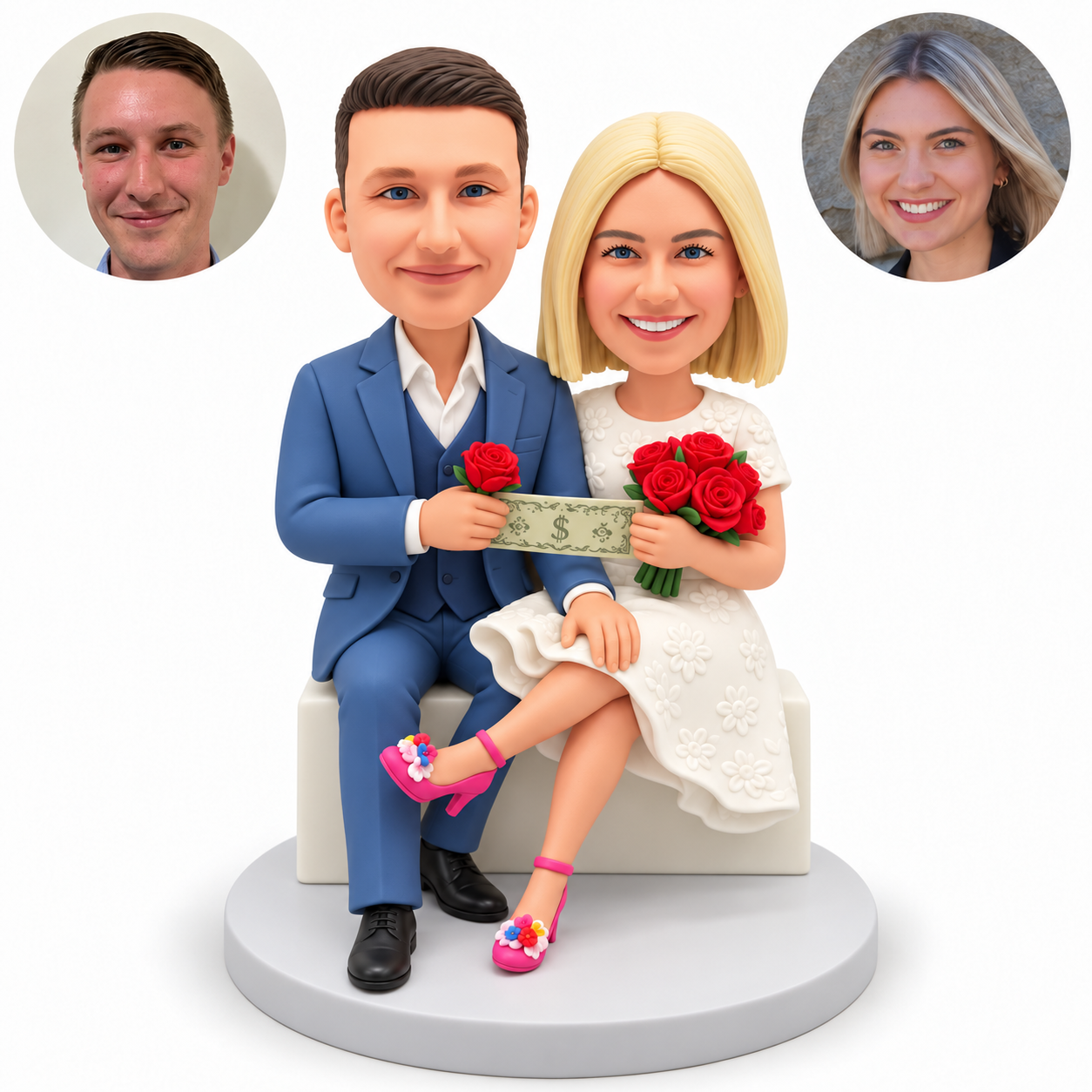 custom bobblehead figures seated wedding couple with a banknote and red roses