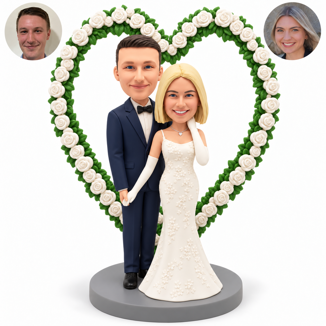 custom bobblehead figures wedding couple holding hands beneath a white rose heart arch