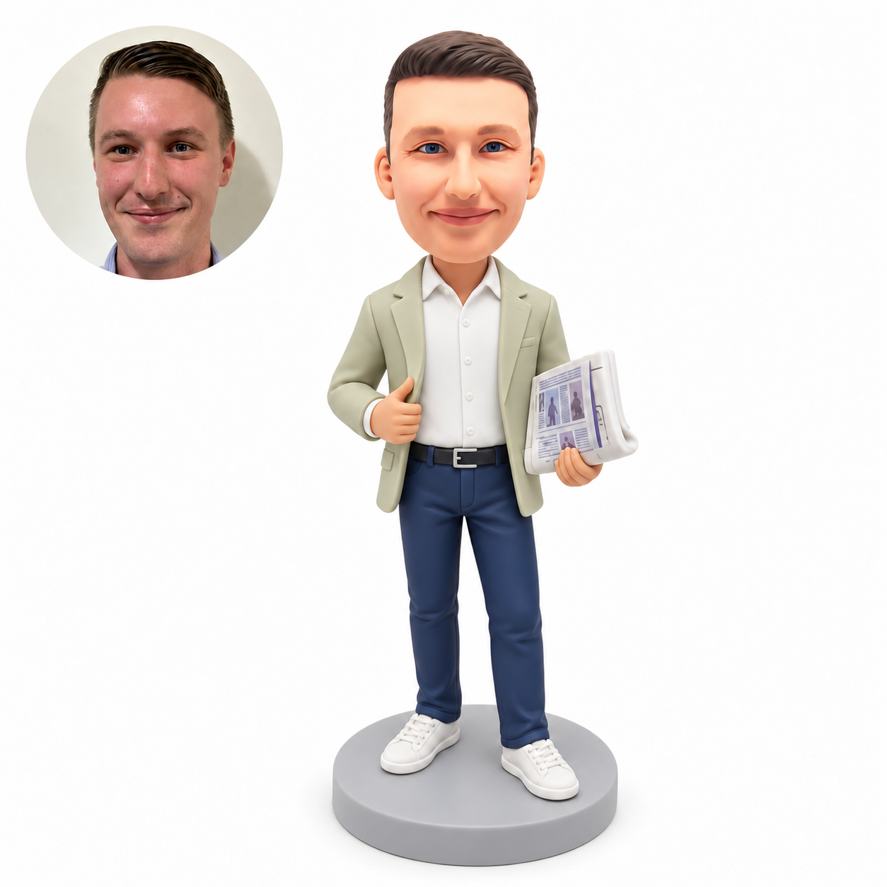 custom bobblehead figure businessman holding a folded newspaper and adjusting his jacket lapel