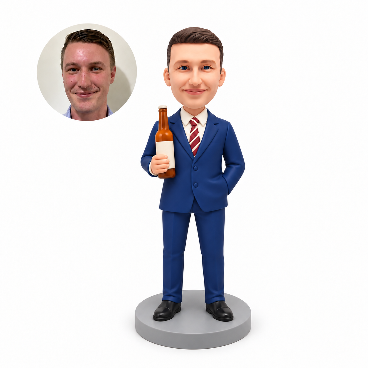 custom bobblehead figure businessman holding a beer bottle in his right hand with his left hand in his jacket pocket