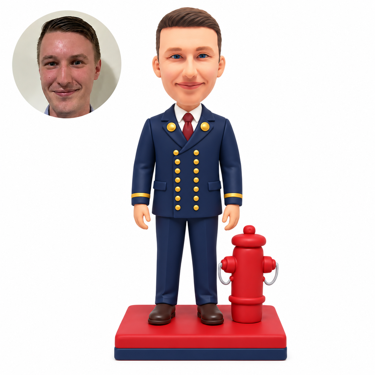 custom bobblehead figure fire chief standing beside a hydrant in a double breasted dress uniform