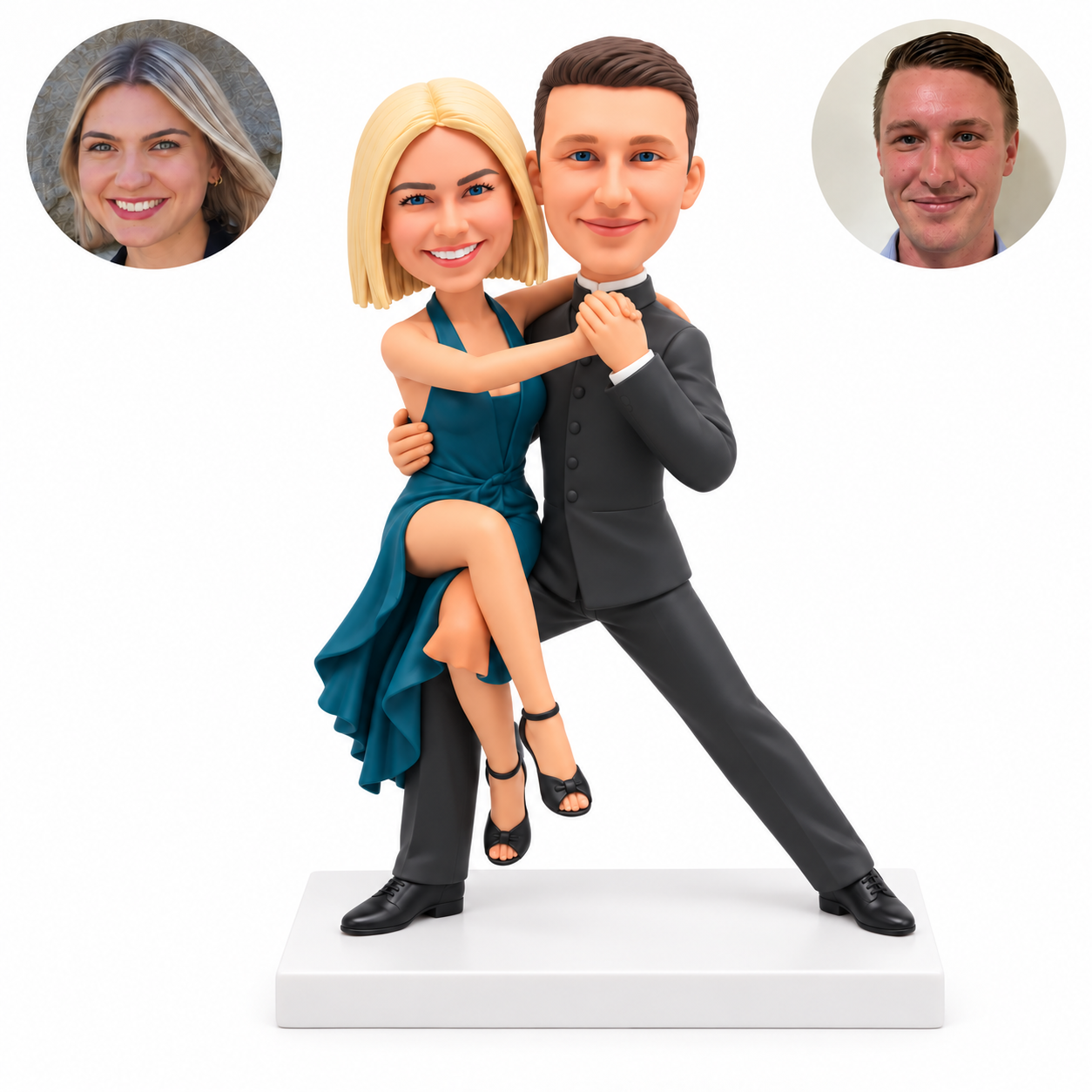 custom bobblehead figures tango dancing couple with a raised knee and high clasped hands