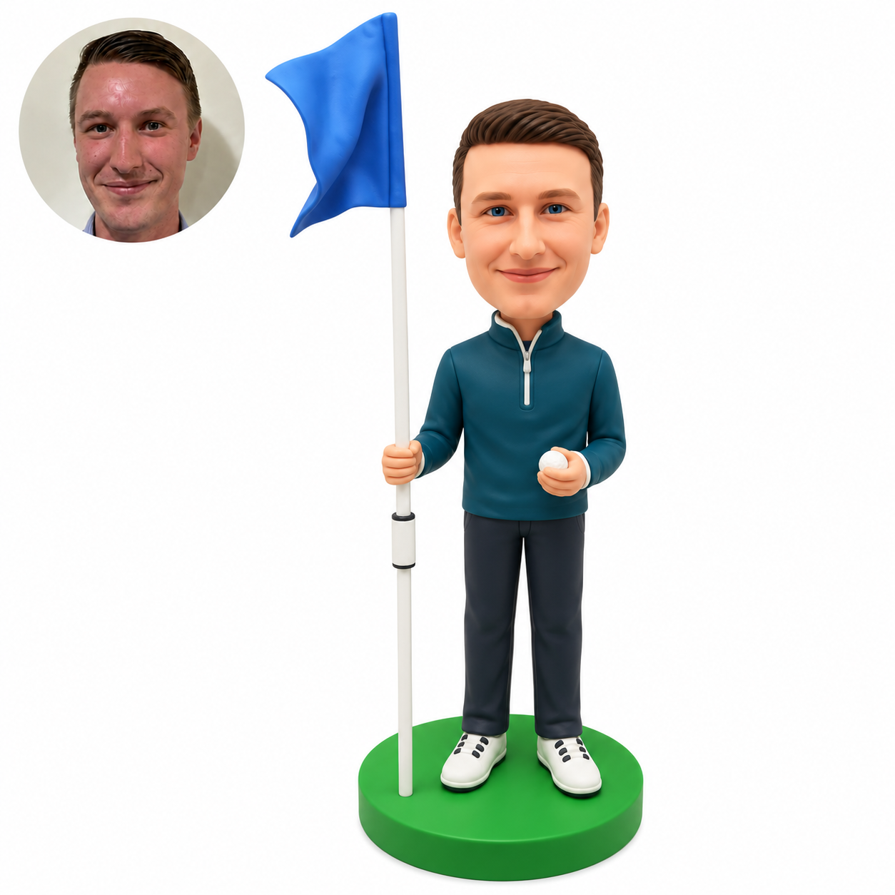 custom bobblehead figure male golfer in a half zip top holding a flagpole and a ball