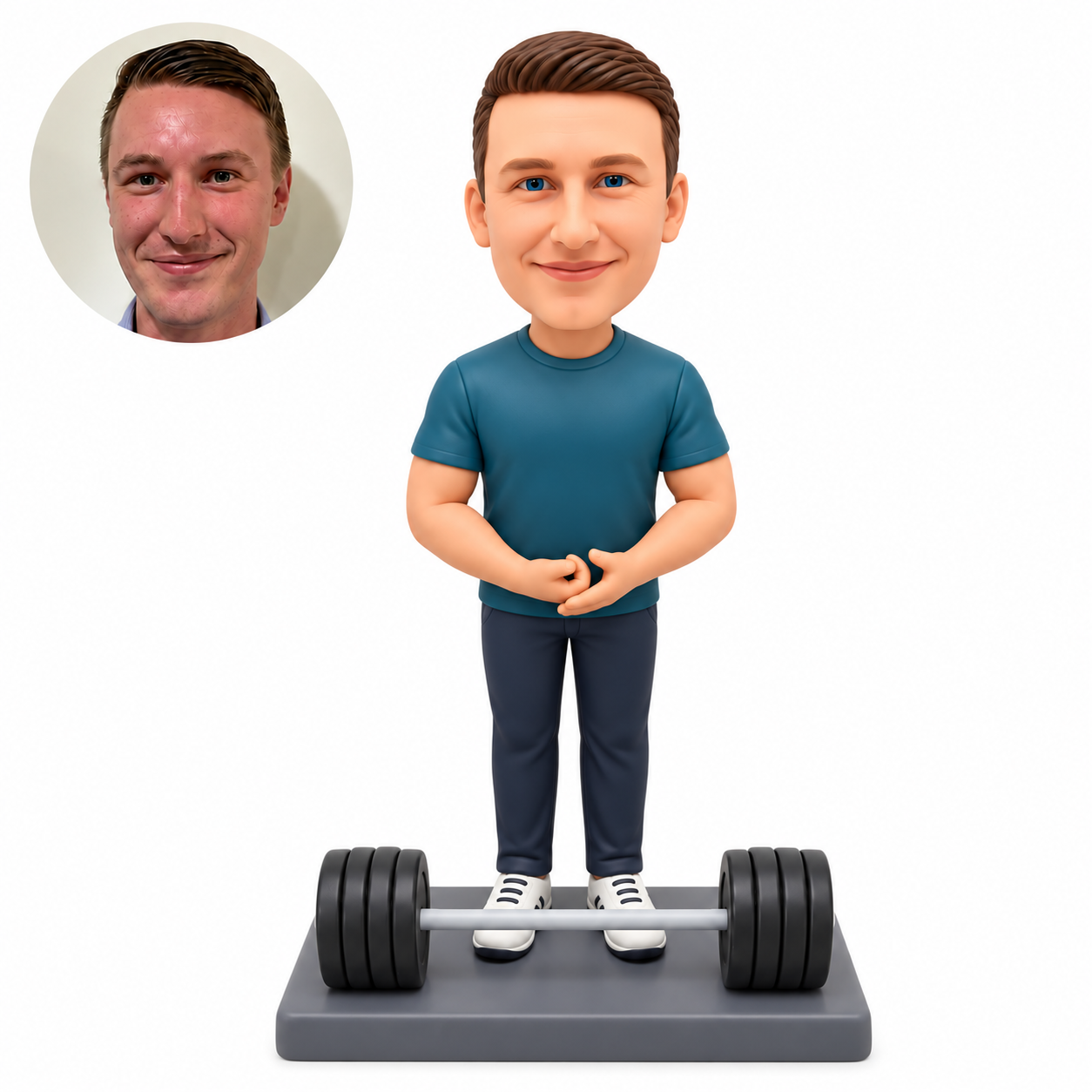 custom bobblehead figure male fitness athlete with clasped hands and a barbell at his feet