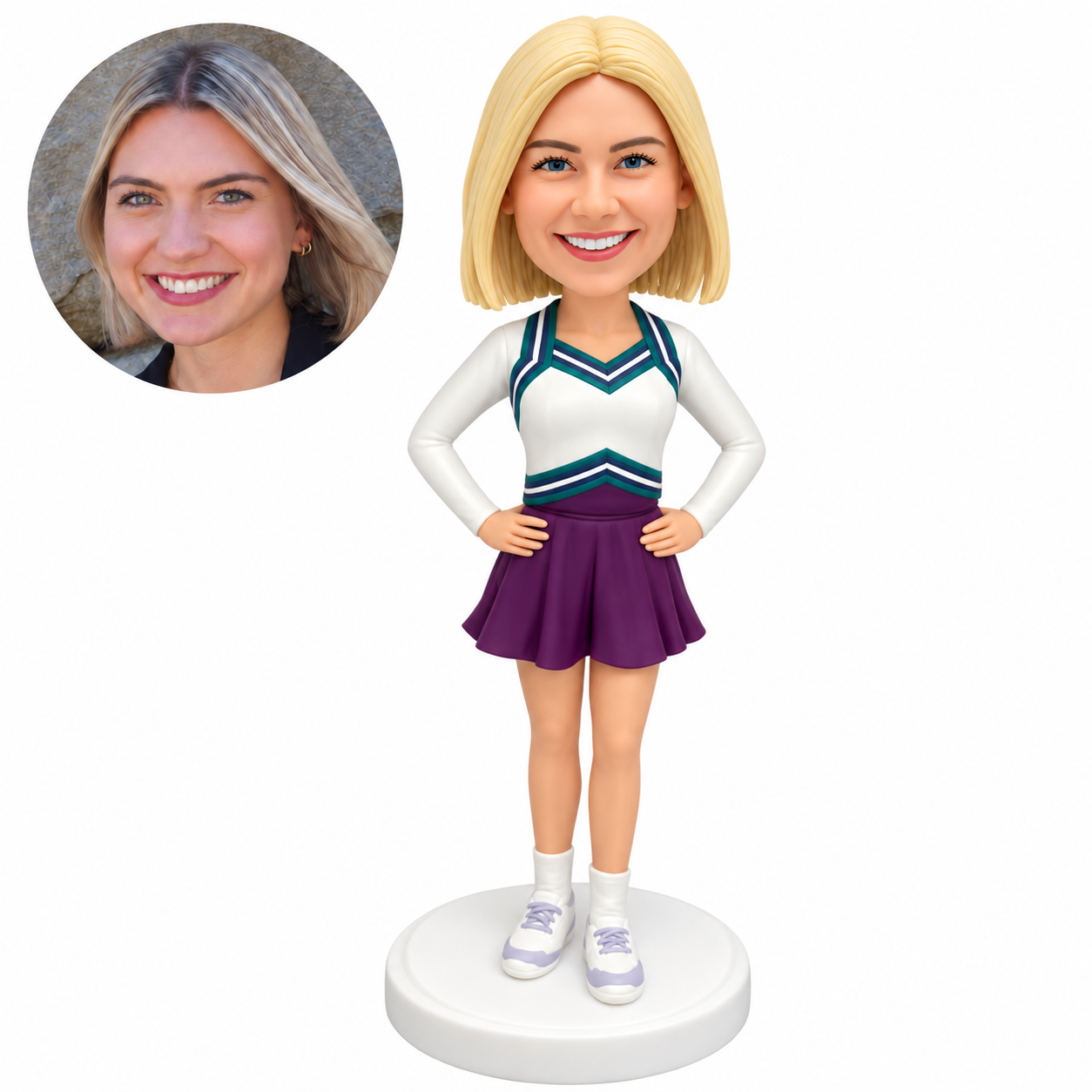 custom bobblehead figure female cheerleader in a long sleeve uniform with both hands on her hips