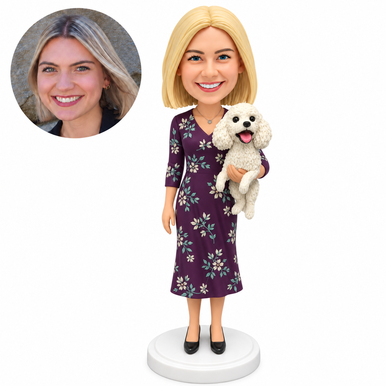 custom bobblehead figure woman in a calf length dress holding a white dog
