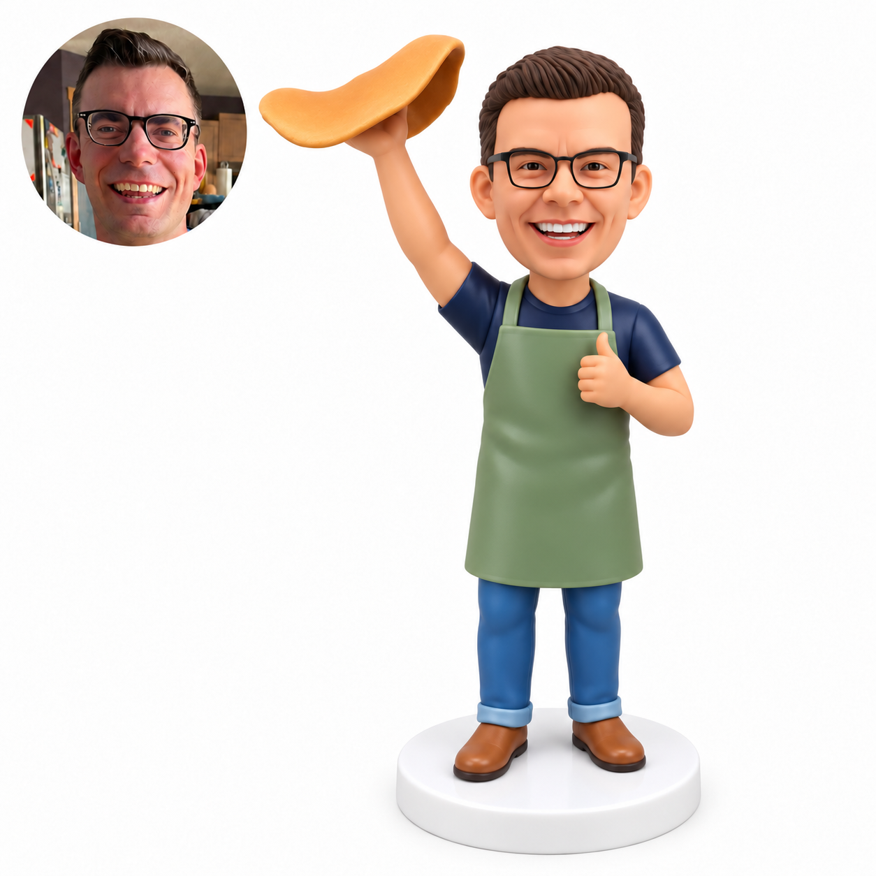 custom bobblehead figure male cook raising a pancake with his right hand and giving a thumbs up