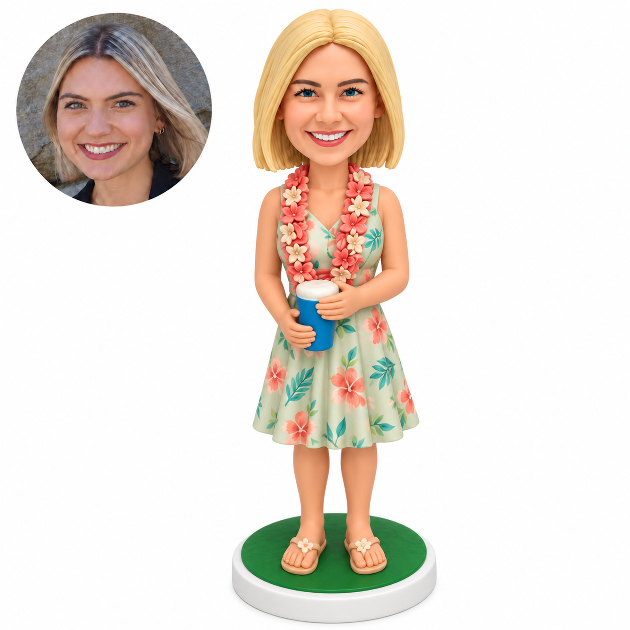 custom bobblehead figure woman in a summer dress and flower lei holding a drink with both hands